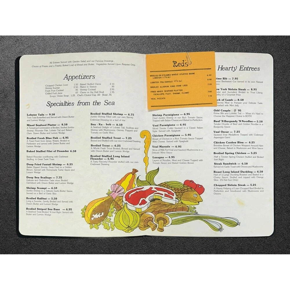 Vintage Reds Restaurant Menu Art Nouveau Black Orange Retro Cover Ephemera VTG
